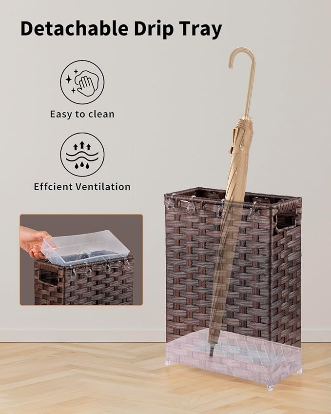 Rattan Umbrella Stand, Umbrella Holder for Entryway, Hand Woven Umbrella Rack Organizer Freestanding, with a Detachable Drip Tray, 4 Hooks, 11.8" L x 5.5" W x 16.5" H