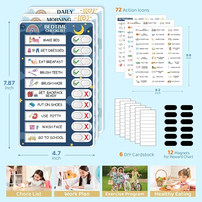 3 in 1 Bedtime/Morning/Daily Routine Chart for Kids, Magnetic Chore Chart for Kids, Visual Schedule for Kids Toddlers for to Do List