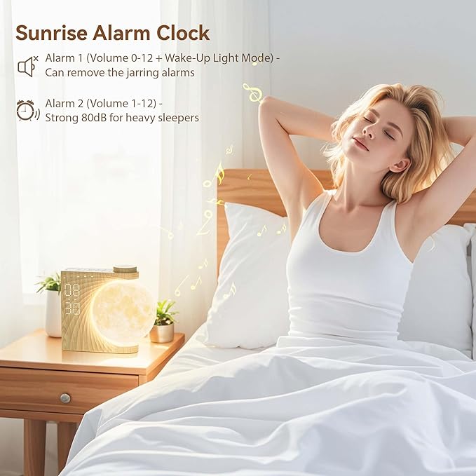 Rotatable Moonlight Alarm Clock, Sunrise Alarm Sleep Sound Machines, Night Lamp for Bedrooms with Snooze Function, 10 Light Effects, 30/60/90 Timer, 10 Sleep Nature Sounds, 15 Ringtones, 12 Volume