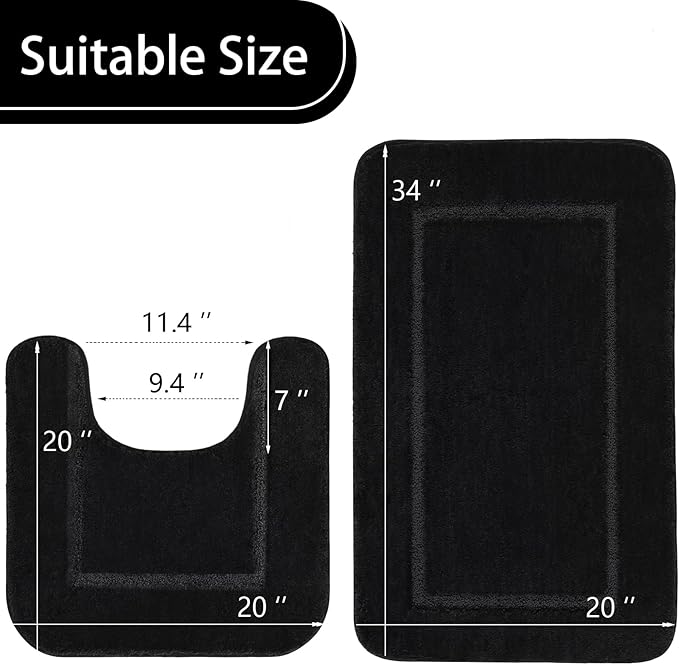 LOCHAS Bathroom Rug Set Black, Soft Bath Rug Set 2 Piece, Toilet Mat U-Shaped 20x20 and 34x20 Bath Rugs, Quickly Dry Mats for Bathroom, Tub, Washable, Super Absorbent Floor Mat