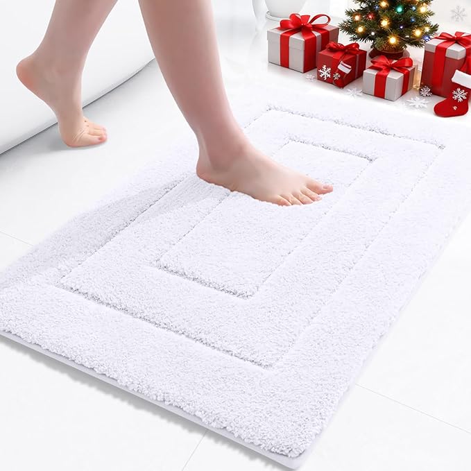 Buganda Bathroom Rugs, 24" x 16", Soft and Absorbent Microfiber Bath Rugs, Non-Slip Shaggy Shower Carpet, Machine Wash Dry Bath Mats for Bathroom Floor, Tub and Shower, White
