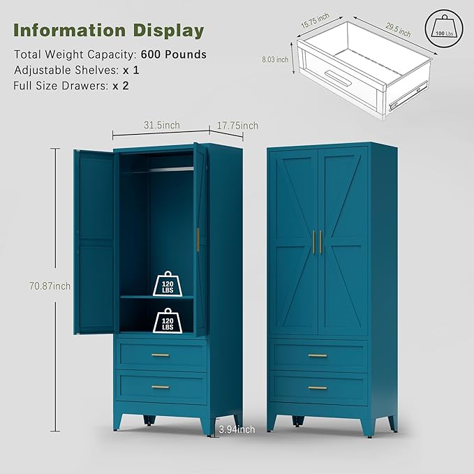 COFaR 71 Farmhouse Metal Wardrobe Closet with Hanging Rod, 2 Barn Doors, Adjustable Shelves, Steel Armoire with Drawer for Home, Bedroom Green