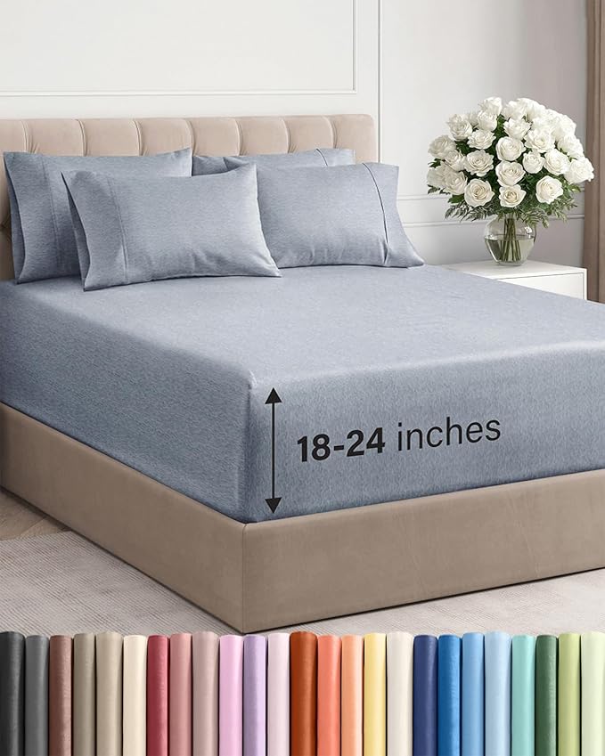 Extra Deep Queen Sheet Set - 6 Piece Breathable and Cooling Sheets - Hotel Luxury Bed Sheets Set - Easy Fit - Soft, Wrinkle Free and Comfy Sheets Set - Heathered Blue Sheet Set with Extra Deep Pockets
