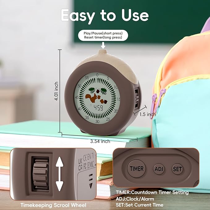 Visual Timer for Kids, 299-Minute Cute Kids Squirrel Timer with Eye-Protection Screen & Protective Case, Homeschool Supplies Study Teaching Time Management Tool