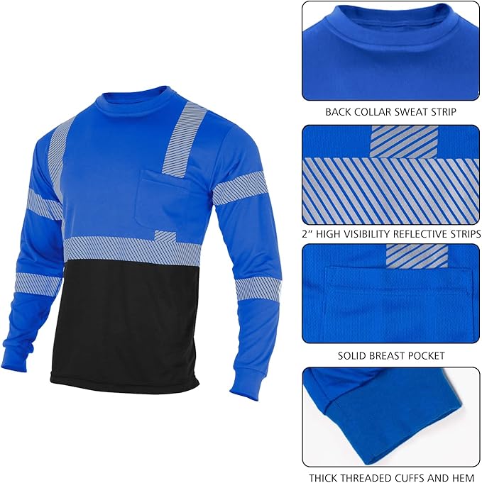 VENDACE 3pcs Safety T Shirts Reflective High Visibility Hi Vis Long Sleeve Construction Work Shirts for Men Class 3
