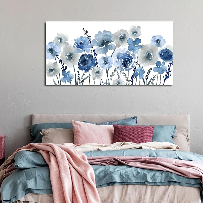 VEAEE Flowers Canvas Wall Art - Indigo Floral Canvas Pictures Living Room Wall Decor Botanical Canvas Prints Painting Abstract Artwork Bedroom Office Home Decor 24"x 48"