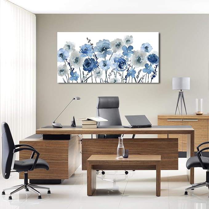 VEAEE Flowers Canvas Wall Art - Indigo Floral Canvas Pictures Living Room Wall Decor Botanical Canvas Prints Painting Abstract Artwork Bedroom Office Home Decor 24"x 48"