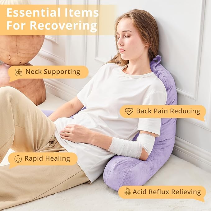 Sasttie Reading Pillow, Velvet Back Pillow for Bed Sitting Up, Adult Back-Rest Support Cushion with Arms for Sit Up on Couch, Sofa, and Floor, Dorm Essentials, Reading Accessories, Lavender