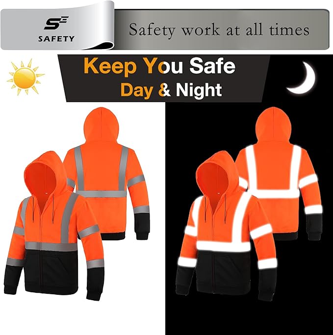 sesafety High Visibility Safety Sweatshirt for Men, Class 3 Reflective Zippered Hooded Sweatshirt, Hi-Vis Safety Hoodie with Black Bottom