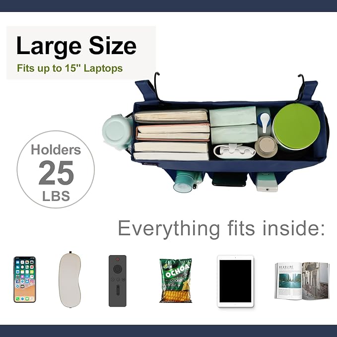 Surblue Bedside Organizer with Hook Bedside Caddy Hanging Storage Bag with Adjustable Straps and Water Bottle Holder for Home College Dorm Bunk Bed Accessories, Crib Bed Rails, Hospital Bed,Navy,2PCS