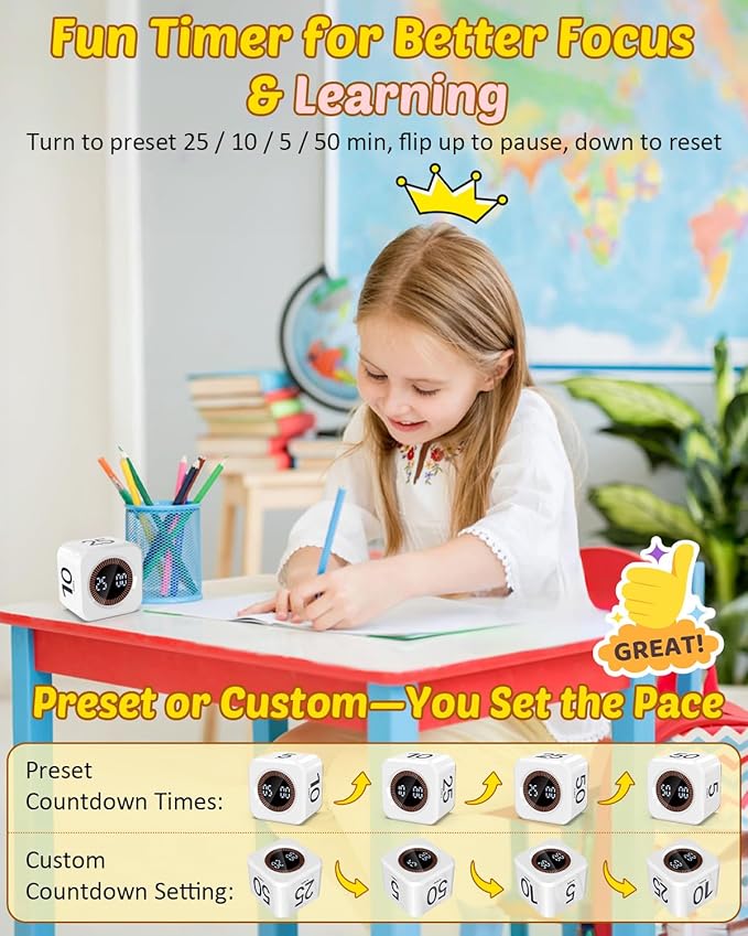 Pomodoro Timer Cube Visual Productivity Flip Timer for Kids Classroom Desk, 5/10/25/50min&Custom Countdown, Silent&Sound Mode Digital Cube for ADHD Study Work School Game Kitchen (White)