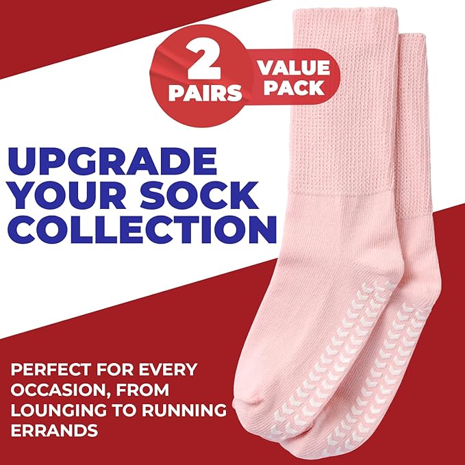 FORTIVO 2 Pairs Extra Wide Socks For Swollen Feet, Non-Slip Hospital and Diabetic Socks for Men and Women