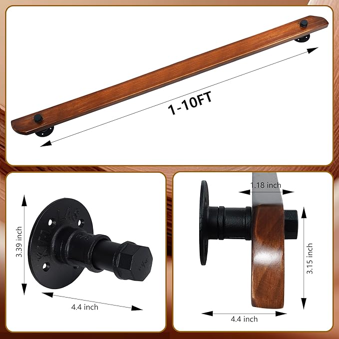 Wood Handrails, Indoor Non-Slip Staircase Handrail,Retro Rustic Wall Mount Railings Handrails, Home Loft Corridor Support Rod,Industrial Pipe Support, Easy to Install (Dark Wood, 5FT)
