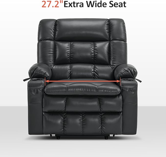 MCombo Dual Motor Power Lift Recliner Chair for Elderly, Lay Flat Lift Chair with Heat and Massage, Extra Wide Lift Recliner for Big People, Cup Holders, Faux Leather R7897 (Black, Medium-Wide)