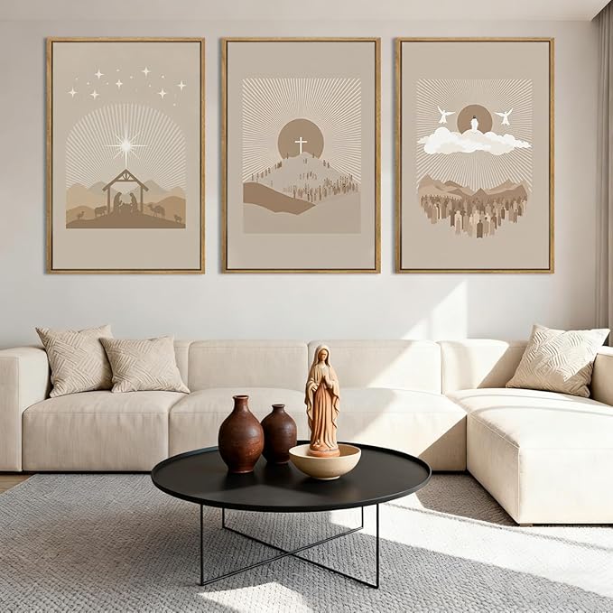 IARTTOP Extra Large Jesus Framed Wall Art 24x36 Inch Set of 3 Brown Nativity Christian Canvas Wall Decor Grey Bible Verse Artwork for Church Living room Bedroom