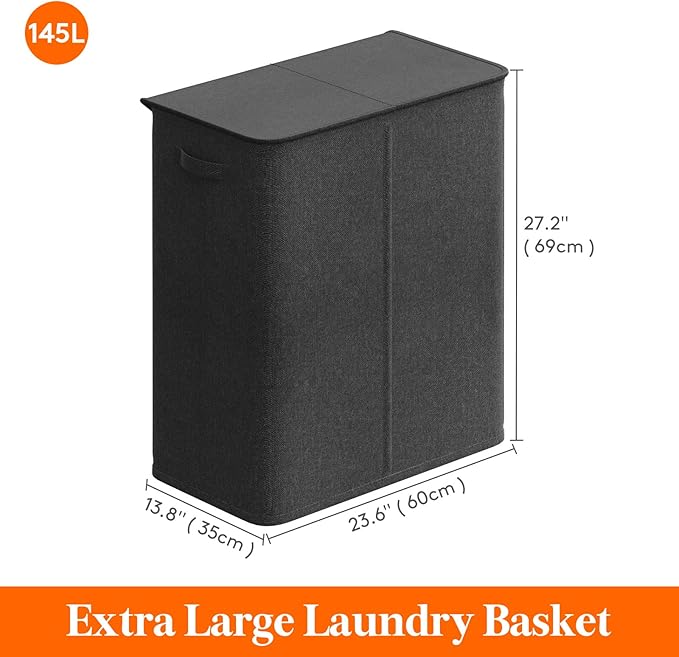 Lifewit Double Laundry Hamper with Lid and Removable Laundry Bags, Large Collapsible 2 Dividers Dirty Clothes Basket with Handles for Bedroom, Laundry Room, Closet, Bathroom, College, 145L Dark Gray