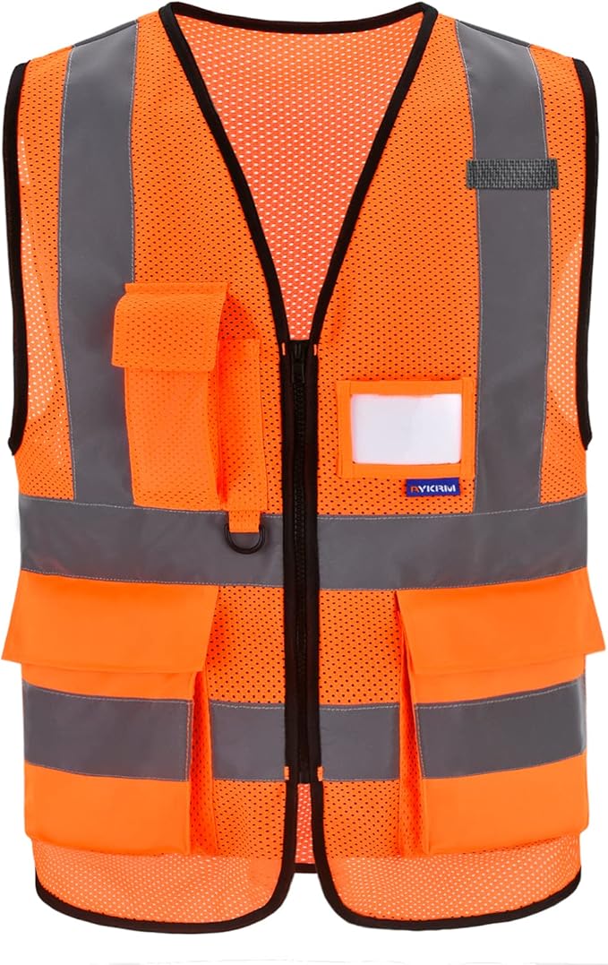 A-SAFETY High Visibility Mesh Safety Reflective Vest with Pockets and Zipper,Hi Vis Viz Reflective Safety Vest(Orange Mesh XL)