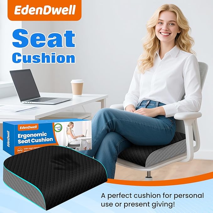 Seat Cushion, Memory Foam Chair Pad, Non-Slip Cushion for Office, Home, Car, Large Desk Chair Cushion, Washable Cover & Handle, Large, Black
