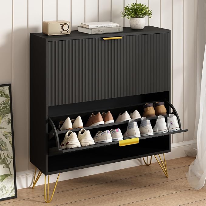 Shoe Storage Cabinet with 2 Flip Drawers, 31.5" W Fluted Shoe Cabinet for Entryway, Hidden Shoe Cabinet Storage, Narrow Free Standing Shoe Orgnaizer Rack Cabinet for Foyer Hallway, Black