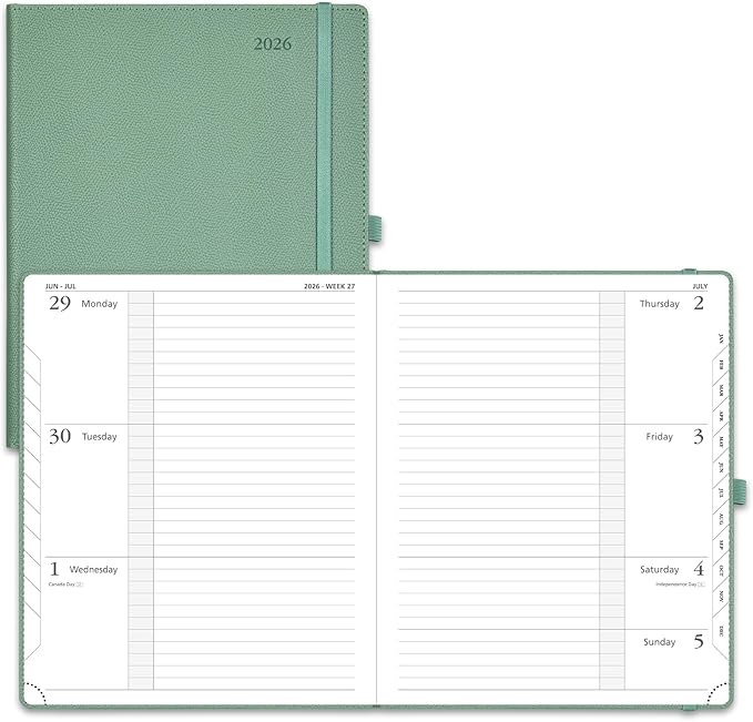 POPRUN 2026 Weekly & Monthly Planner Calendar, 8.5" x 10.5" Large, Horizontal Layout with Lined Sections, Jan. 2026 - Dec. 2026, Leather Hardcover, 100GSM Paper, Inner Pocket - Midnight Green