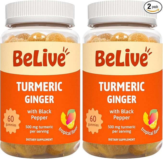 BeLive Turmeric Curcumin with Black Pepper & Ginger - 500 mg of Turmeric and Ginger Supplement for Immune Support, Healthy Skin, and Joint Health - Tropical Flavor | 60 Count