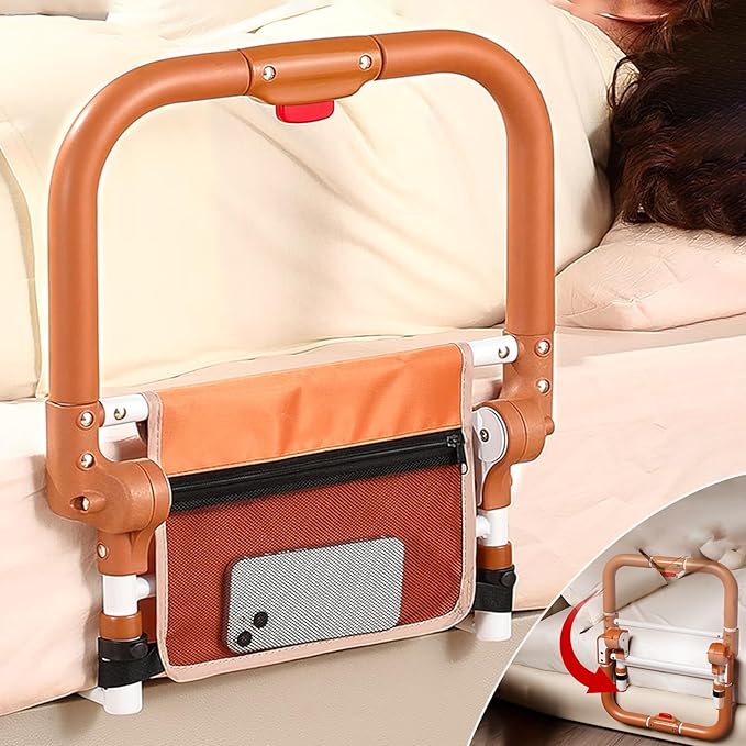 Bed Rails for Elderly Adults Safety, Adjustable Folding Bed Assist Rails for Seniors, Foldable Bed Side Rails with Non-Slip Handle and Storage Pouch, Fits King Queen Full Twin Beds