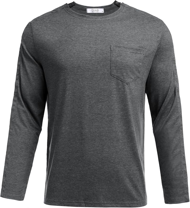 Deyeek Men's Post Shoulder Surgery Recovery Shirts Full Tear Away Long Sleeve Snap Chemo Port Access Shirt