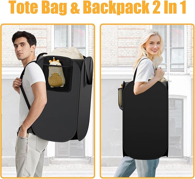 Collapsible Backpack Laundry Bag Made by Strong Polyester Oxford Cloth, 76L Heavy Duty Large Hamper with Adjustable Shoulder Strap, Foldable Basket with Mesh Pocket for College, Travel, Apartment