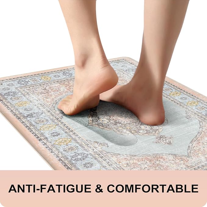 Collive Boho Kitchen Mat 2PCS Cushioned Kitchen Mats for Floor, Anti-Fatigue Mat Waterproof Kitchen Rug Set of 2 Non-Skid Comfort Standing Mat for Kitchen, Office, Sink, Laundry, 17"x30"+17"x47"(Pink)