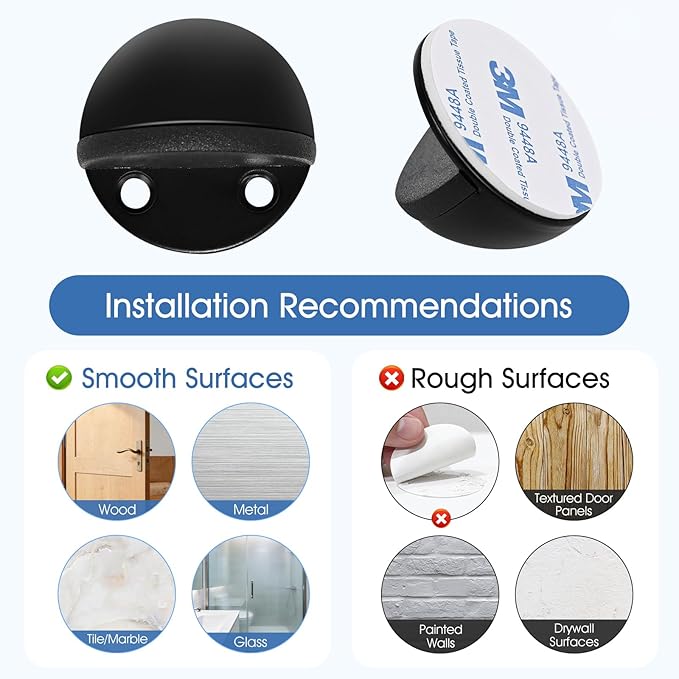 Self Adhesive Door Stoppers, Stainless Steel Floor Door Stop Wall Protector, Half Dome Floor Gate Stopper for Living Room, Bedroom, Bathroom, Office (Black，2PCS)
