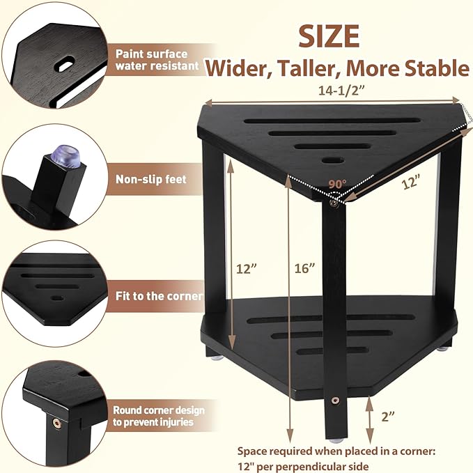 IBosins 16in Shower Foot Rest Corner Shower Stool for Shaving Legs with Storage Shelf Small Bench for Inside Shower to Sit on Bath Seat - Acacia Wood，Black