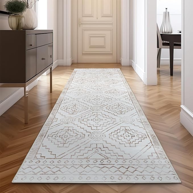 jinchan Moroccan Runner Rug 2x10 for Hallway - Bohemian Kitchen Machine Washable Runner Rug Modern Soft Ultra-Thin Low-Pile Non-Slip Carpet for Entryway Laundry Room Farmhouse (2x10ft, Taupe)