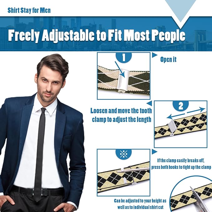 STAY GENT Y-Style Shirt Stays For Men with Non-Slip Locking Clamps and Adjustable Elastic Straps