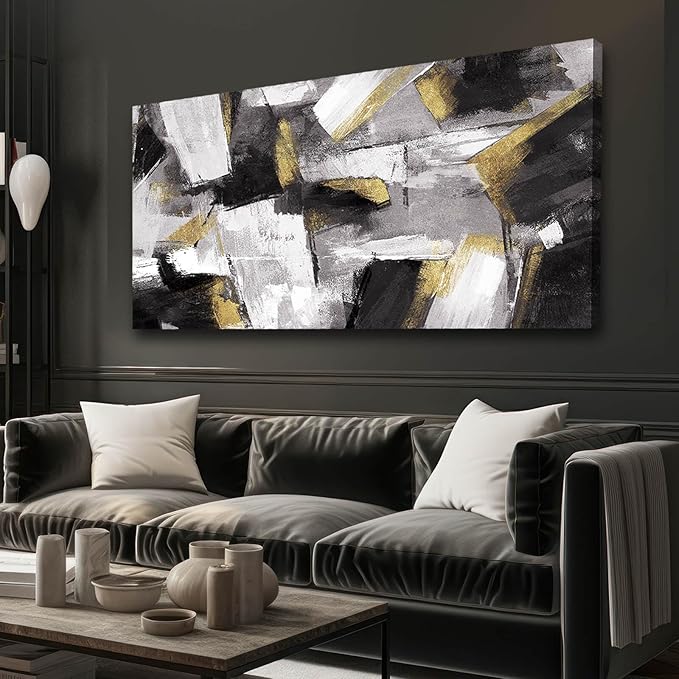 SOUGUAN Black and Gold Block Canvas Art Modern Wall Decor for Living Room Abstract Wall Art White Painting 24x48 Inch Office Hanging Artwork