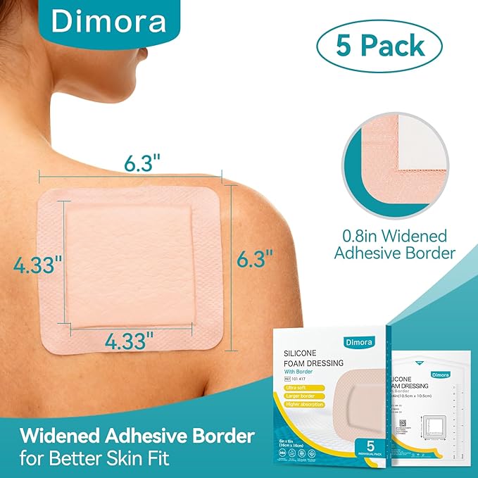 Dimora Utra Soft Silicone Foam Dressing 6"X6"(5 Count), Super Absorbent Large Bandage for Wound with Widened Border, Adhesive Foam Wdound Dressing for Bed Sores, Ulcer, Surgical Wound