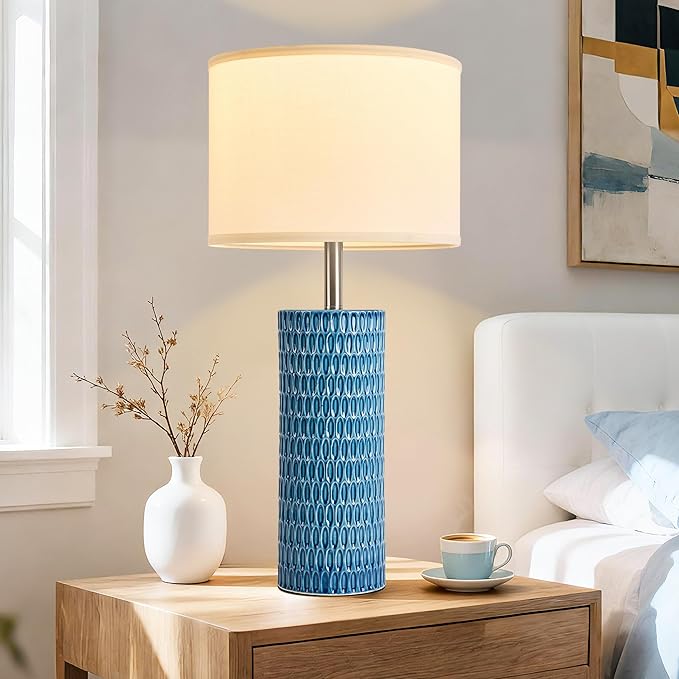 26.5" Ceramic Table Lamp, Table Lamp for Living Room, Blue Lamp for Bedroom, Night Stand Lamps, Modern Bedside Lamp Set of 2, End Table Lamps,Blue
