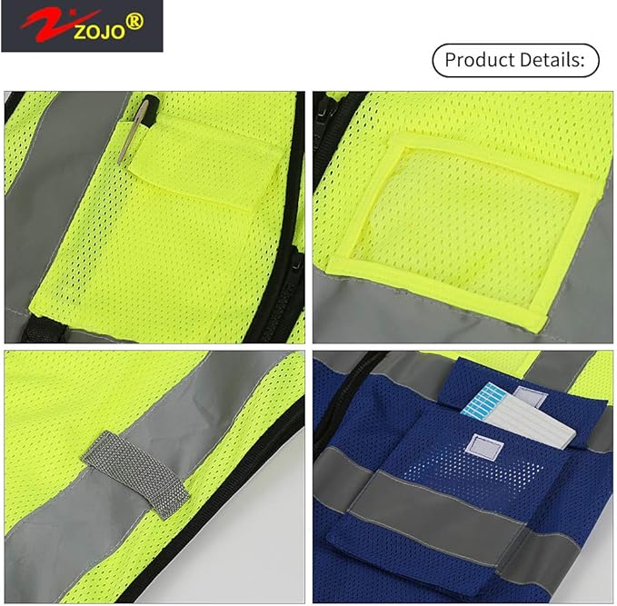 zojo High Visibility Safety Vests With Pockets, Pack of 10,Wholesale Reflective Vest for Outdoor Works, Cycling, Jogging, Walking,Sports - Fits for Men and Women(XL- Mesh-Mix Yellow & Blue)
