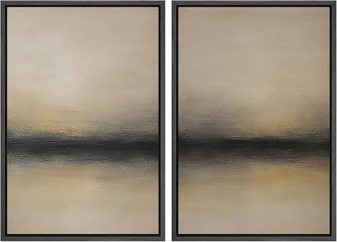 MUDECOR Framed Canvas Print Wall Art Abstract Sunset Horizon Modern Minimalist Beige and Black Illustrations Modern Art Decorative Bohemian Colorful for Living Room, Bedroom, Office - 16"x24"x2 Black