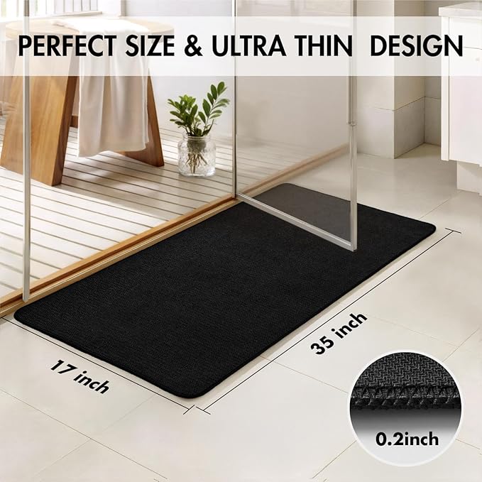 MIULEE Set of 2 Ultra Thin Bathroom Rugs, Rubber Bath Mats for Bathroom Non Slip, Quick Dry Absorbent Bath Rug Machine Washable, Fit Under Door, Shower, Sink, Halloween Home Decor, Black, 17x35 Inch