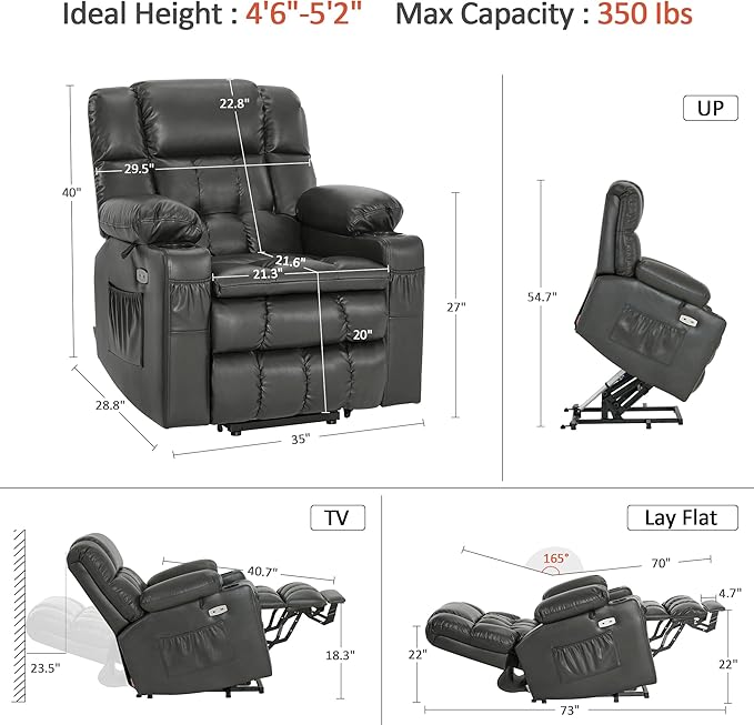 MCombo Dual Motor Small Power Lift Recliner Chair for Elderly, Lay Flat Lift Chair with Heat and Massage, Petite Lift Chair, Cup Holders, Faux Leather 7893 (Grey, Small)