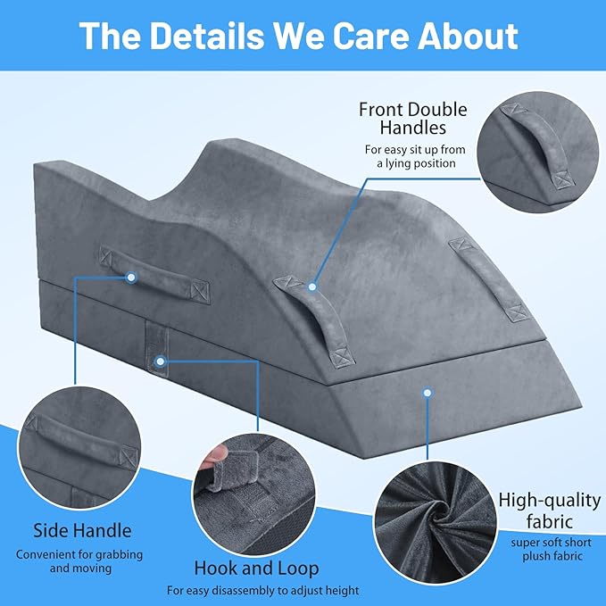 Double Leg Elevation Pillows, Wedge Pillow for After Surgery, Memory Foam Support Adjustable, Comfort Care for Back Knee Hip Ankles Pain, Knee Pillow for Sleeping Blood Circulation Grey