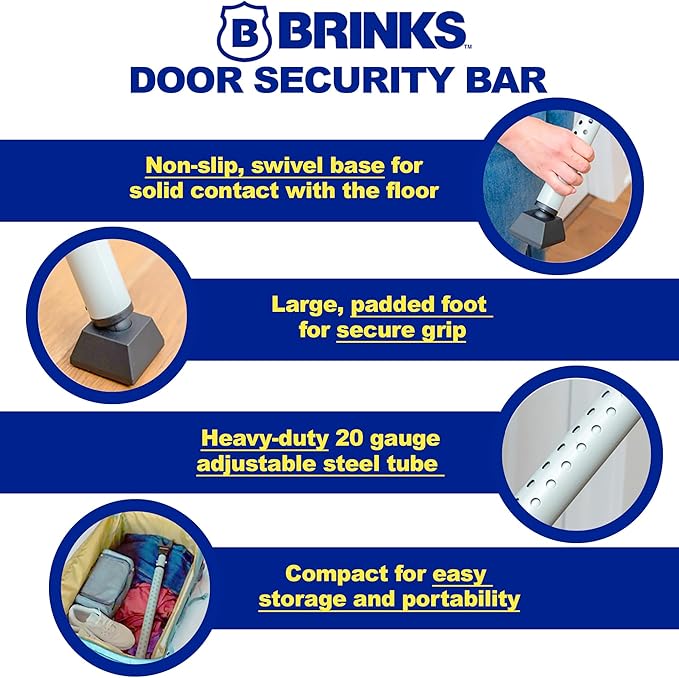BRINKS Door Security Bar - Adjustable Brinks Door Security Bar for Travel, School, Dorm and Home - Door Jammer for Hinged Doors and Sliding Door Security – Silver