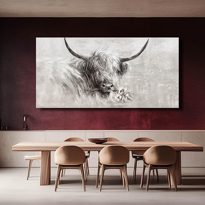 MLART99 Farmhouse Decor Wall Cow Painting Wall Art for Living Room White Flower Wall Decor 29"x 58" Grey Artwork for Bedroom Dining Room Decorations