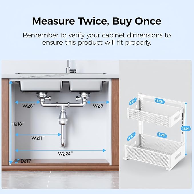2 Pack Under Sink Organizer, Adjustable Height Under Sink Organizers and Storage, Smooth & Silent Sliding Out Metal Drawer for Kitchen Bathroom Pantry Cabinet Closet (White)