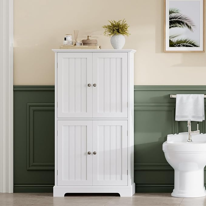 ChooChoo Bathroom Floor Cabinet, Modern Bathroom Storage Cabinet with 4 Doors and Adjustable Shelves, Freestanding Cupboard for Living Room, Kitchen Pantry, White