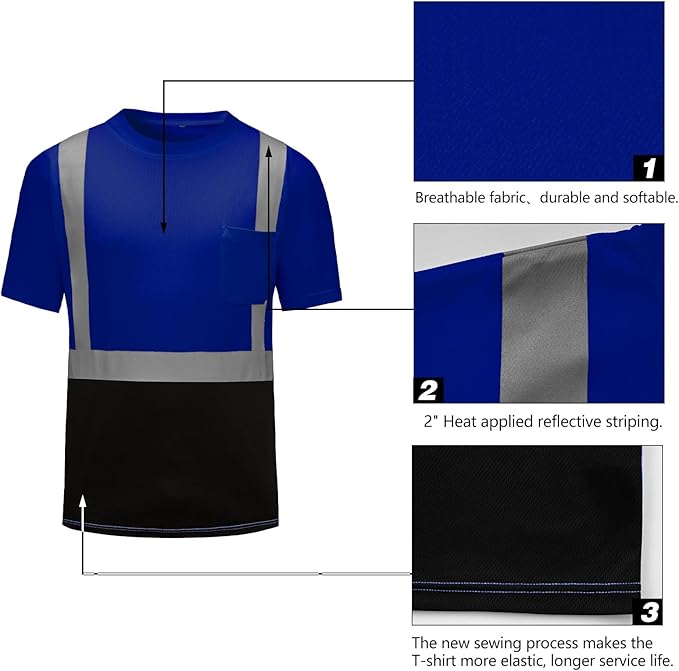 High Visibility Shirts Quick Dry Safety T Shirts with Reflective Strips and Pocket Short Sleeve Mesh Hi Vis Construction Work Class 2 Shirt for Men/Women Black Bottom Blue,3XL
