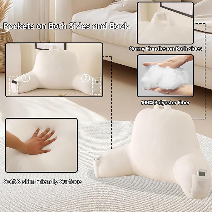 Reading Pillow for Sitting in Bed, Large Backrest Reading Pillow with Arm Rest,Back-Rest Support Cushion for Sit Up on Couch, Sofa, and Floor, Dorm Essentials (White Faux Fur, Large(19"))