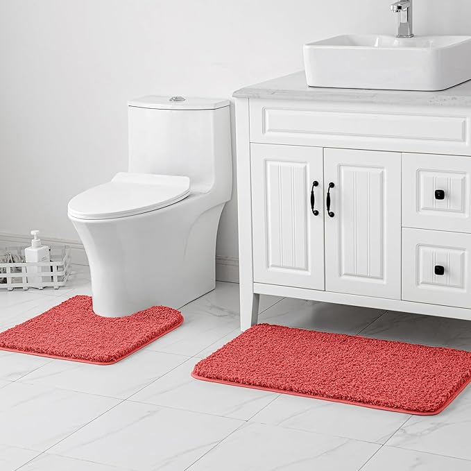 MIULEE Microfiber Toilet Bath Mat U-Shaped Contour Shaggy Bathroom Rugs Non Slip Extra Thick Soft Bath Rug Absorbent Water for Bathroom Commode Machine Washable(20x24 Inch, Coral)