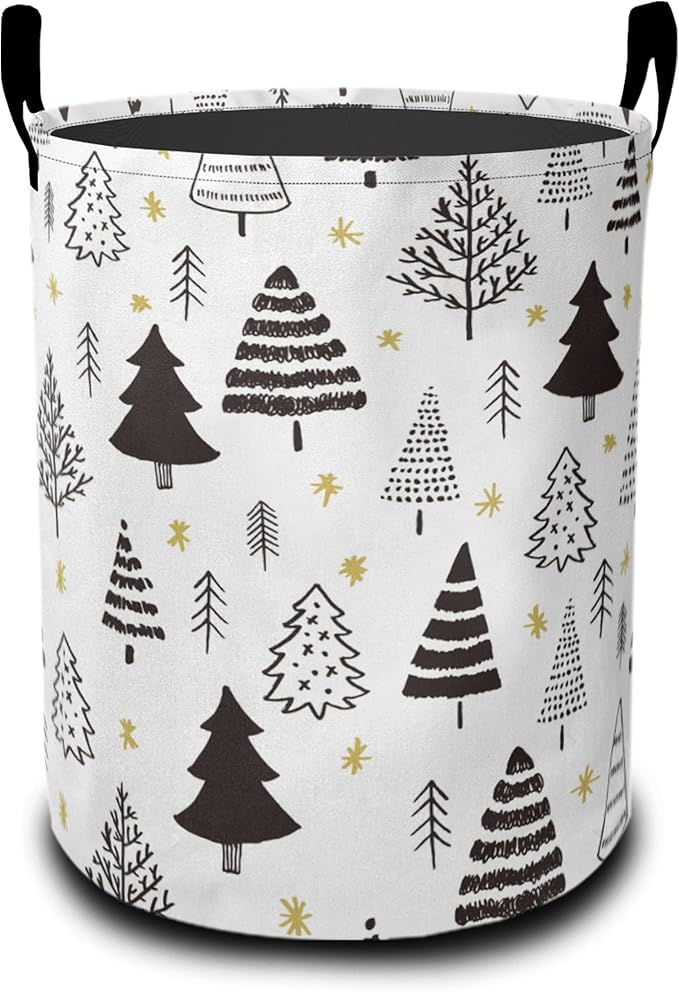 Black White Christmas Tree Laundry Basket-Large Foldable Hamper Holder Portable Tall Collapsible Laundry Hamper Storage Basket Bin with Handles, Canvas & Waterproof lining for Household Items