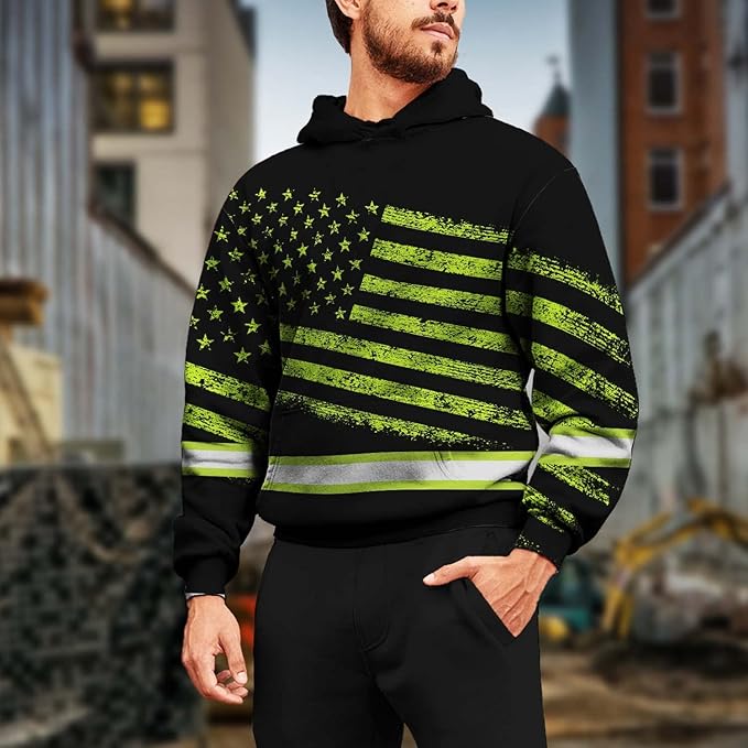 US Flag High Visibility Hoodie for Men Reflective Hoodie Safety Workwear for Worker Runner Patriotic ACC02
